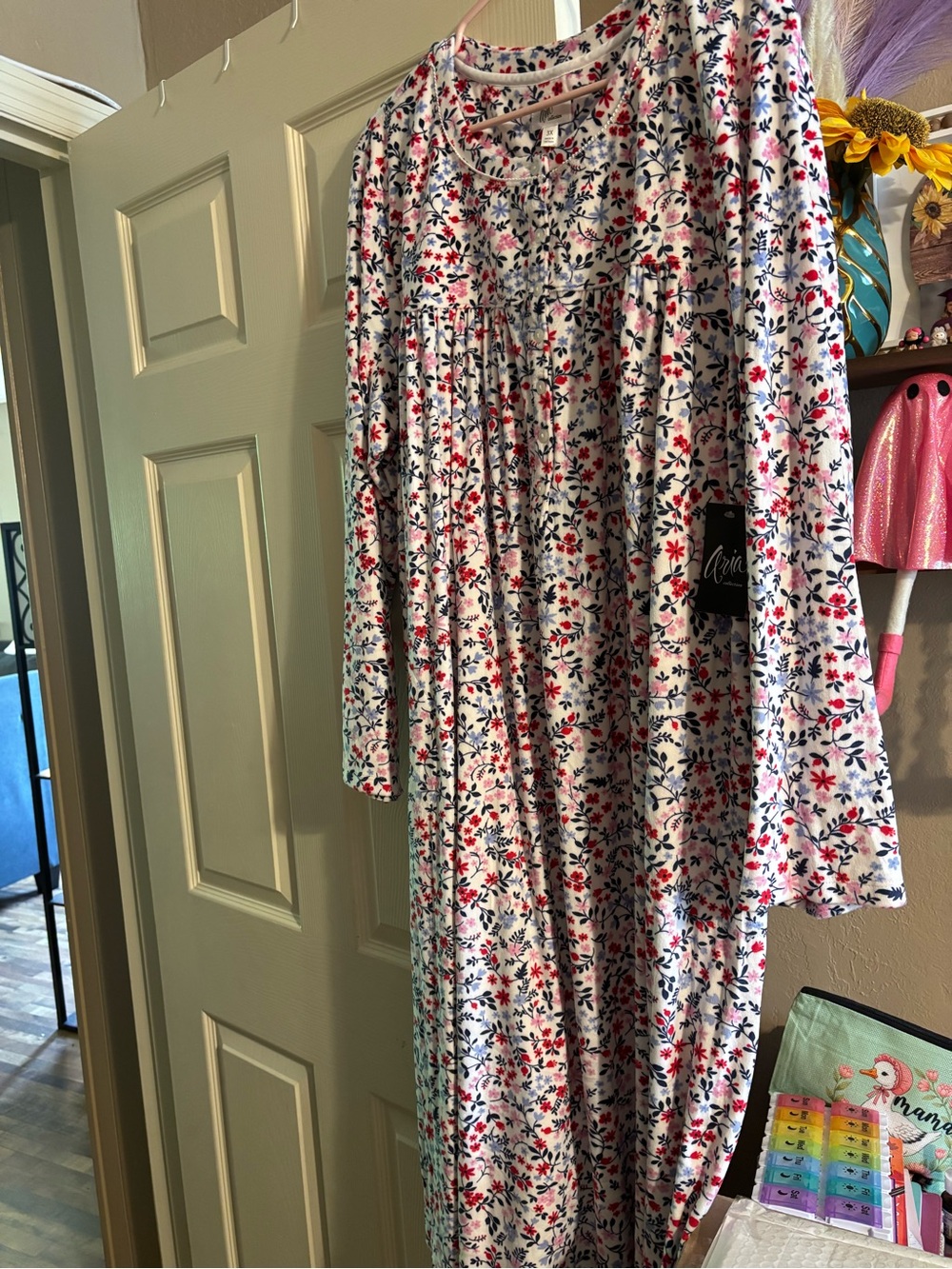 Floral Nightgown - White with Pink & Blue Flowers